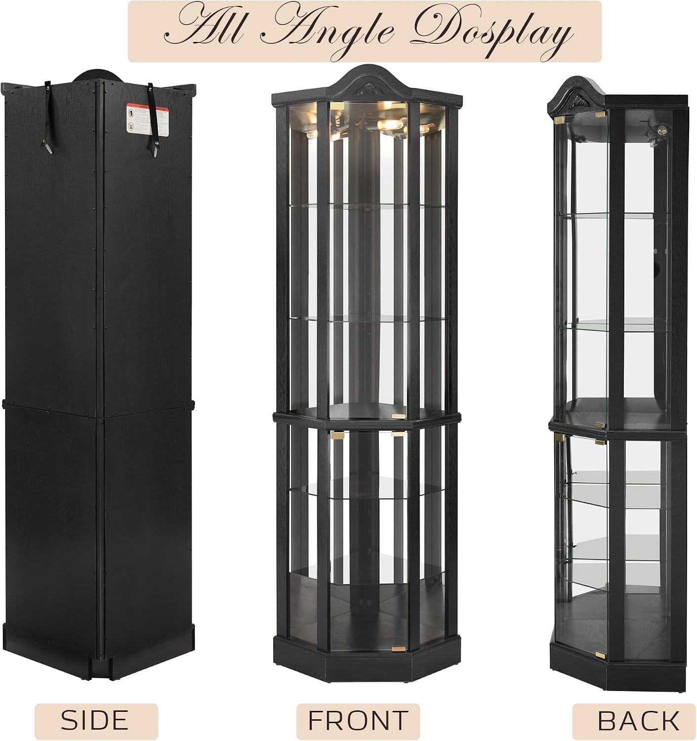 72' H Lighted Corner Curio Cabinet, Wooden Curio Cabinet with Tempered Glass Doors, 6-Tier Shelves Corner Cabinet with Glass, Liquor Display Storage Rack for Living Room(Black)