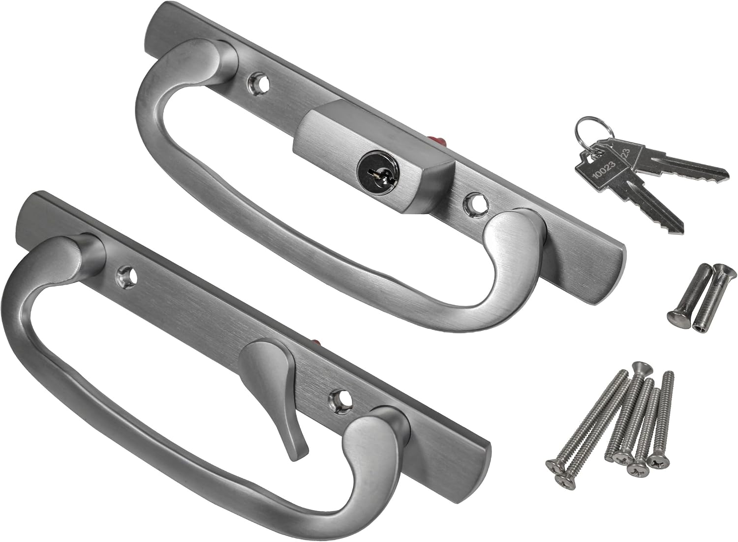 8.5' Legacy Sliding Patio Glass Door Offset Latch Chrome Grey Handle Set with Keys - Sash Controls 2265 Keyed Lock - Fits 3-15/16' Screw Hole Spacing and 1-1/4' to 2-1/4' Door Thickness