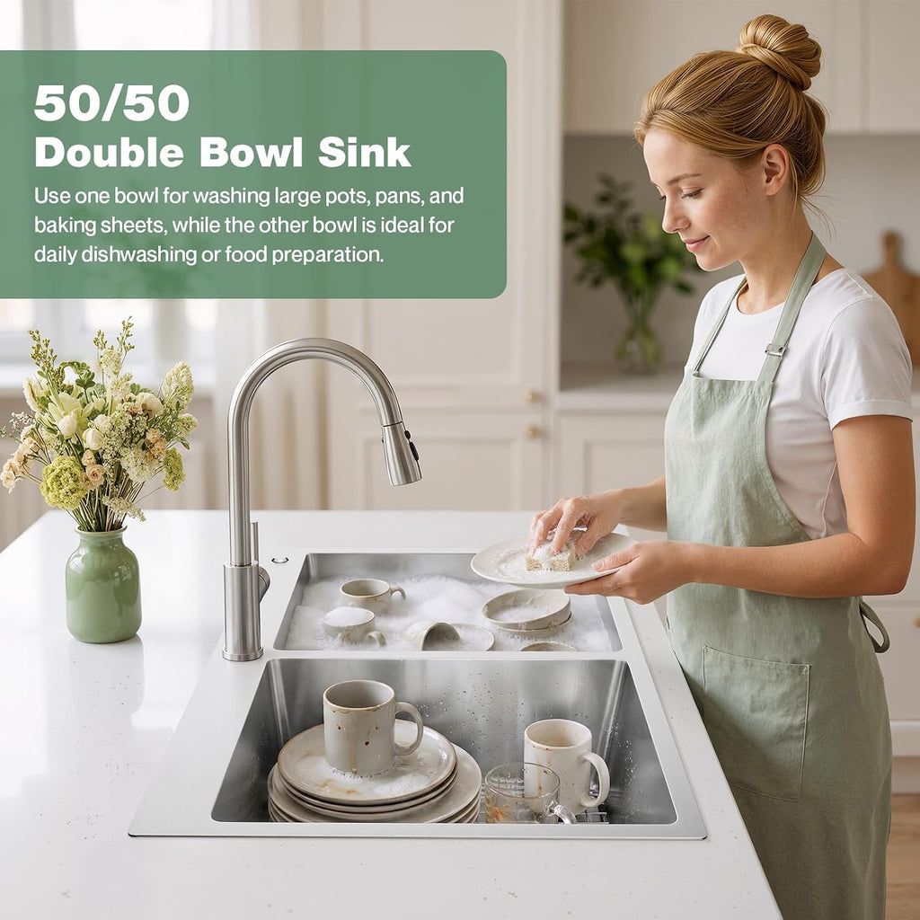 33' x 22' x 9' Drop-In Double Bowl Kitchen Sink, Topmount Stainless Steel with Satin Finish, Soundproofing & Protective Bottom Grid