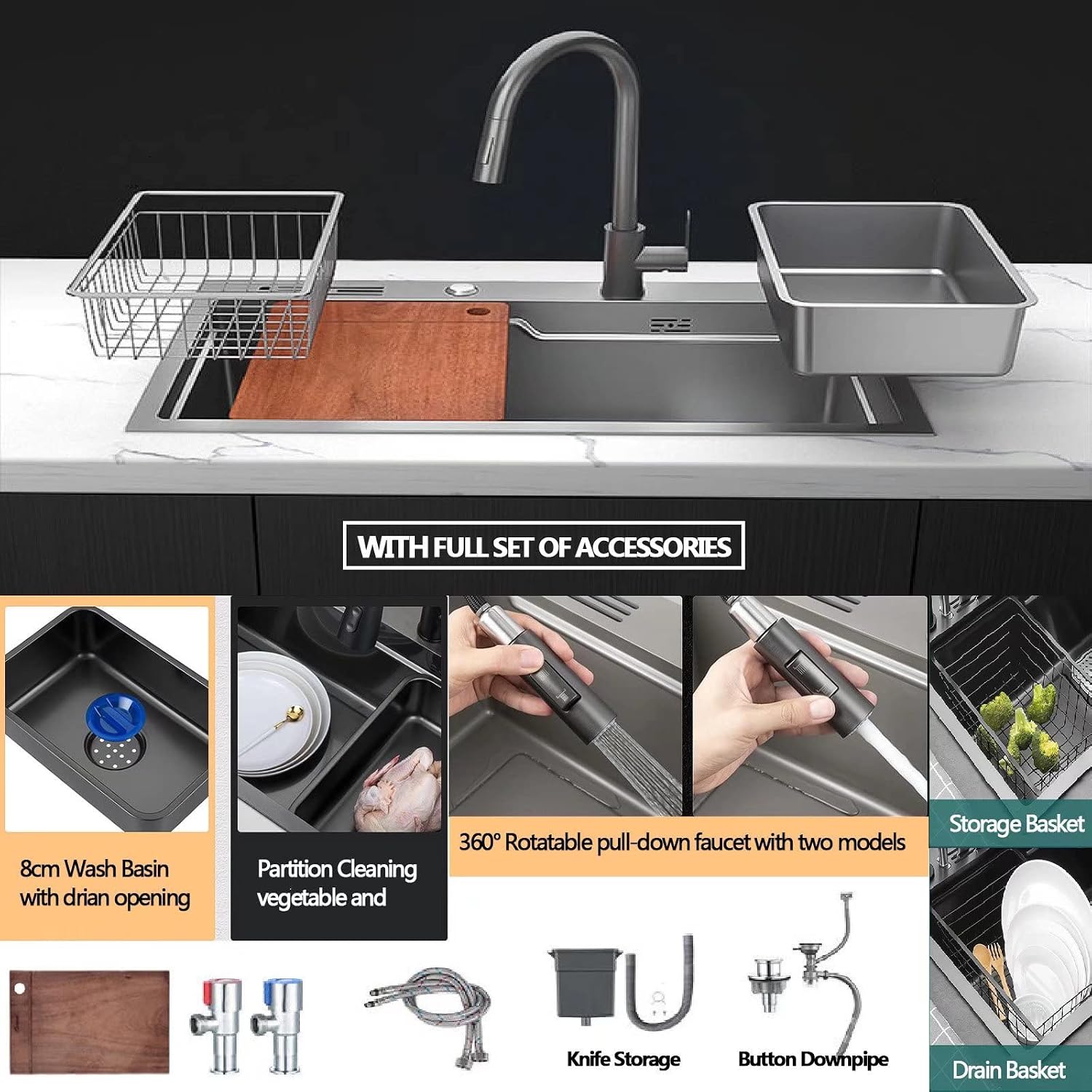 Modular Kitchen Sink Corner Drain, Workstation Sink Undermount, Stainless Steel Sink for Kitchen Offset Drain, Full Set Accessories Single Bowl Kitchen Sinks with Knife Box