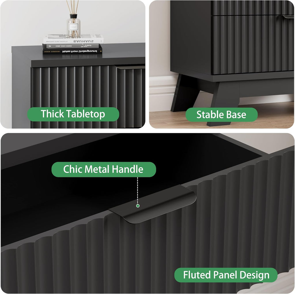 Fluted Nightstand, 31.5' Wide Side Table with 4 Large Storage Drawers, Mid Century Modern Wood Night Stand with Metal Handle, Wooden Bedside End Table for Bedroom, Living Room, Closet, Black