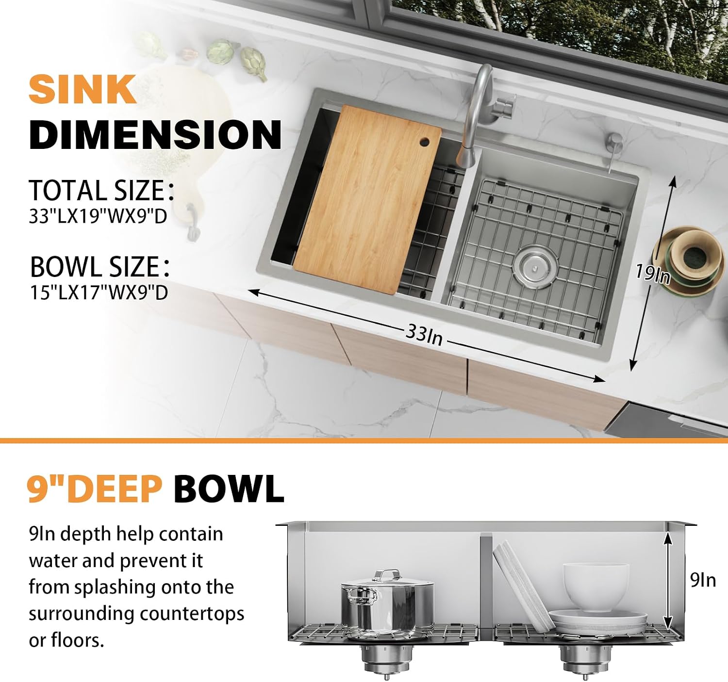 33'x19' Kitchen Sink Workstation - 50/50 Double Bowl Stainless Steel Undermount Kitchen Sink Built-in Ledge Drop In Workstation Sink For Placing/Sliding Accessories-Cutting Board,Drying Rack