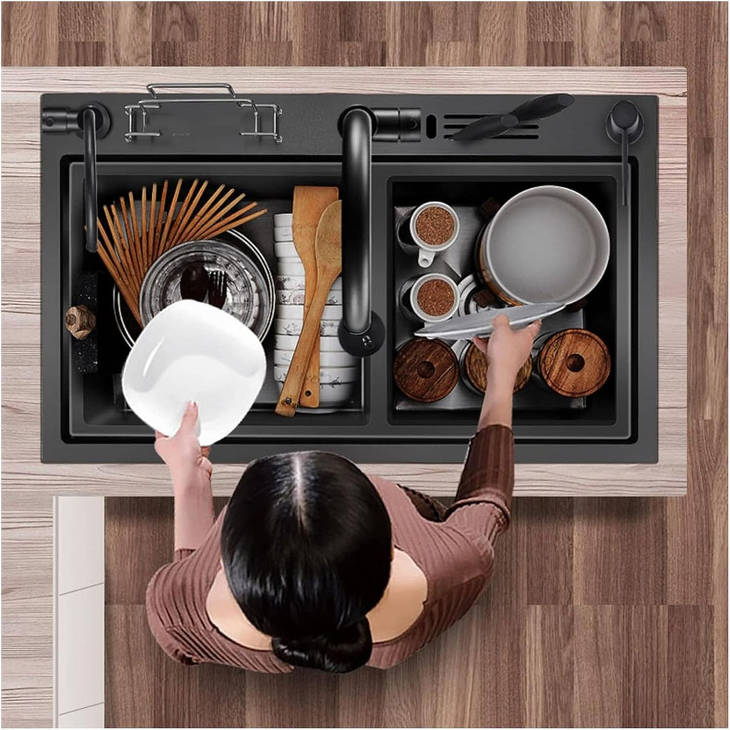 Black Nano Stainless Steel Kitchen Sink Double Bowl Bar Sinks Rv Sink with with Square Faucet & Sink Accessories Drop-in Or Undermount (Color : Black, Size : 75x46x22cm) (Black 75x46x22cm)