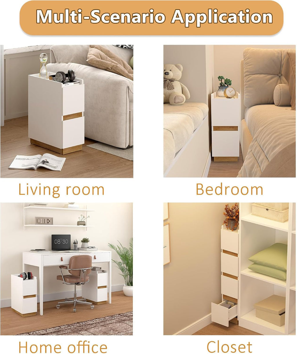 Narrow Night Stands, Modern Slim Nightstand Set of 2, Wooden Skinny Bedside Table 2 Drawers, Stackable Narrow Side Table with Drawers for Small Spaces, Bedroom, Living Room, White