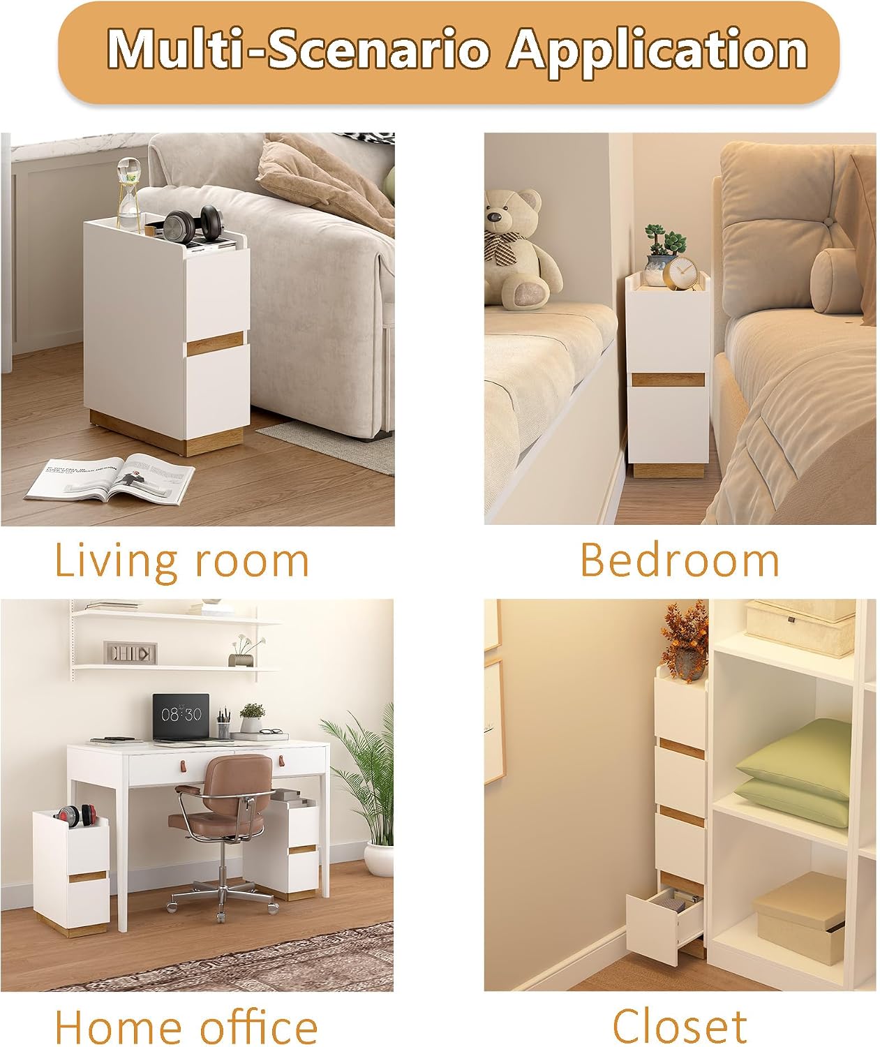 Narrow Night Stands, Modern Slim Nightstand Set of 2, Wooden Skinny Bedside Table 2 Drawers, Stackable Narrow Side Table with Drawers for Small Spaces, Bedroom, Living Room, White