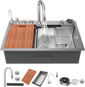 33 x 22 inch Waterfall Smart Kitchen Sink Workstation Topmount 16 Gauge Stainless Steel Kitchen Sink, Single Bowl Multifunctional Sinks with Soap Dispenser Waterfall Faucet Combo Set with Cup Washer