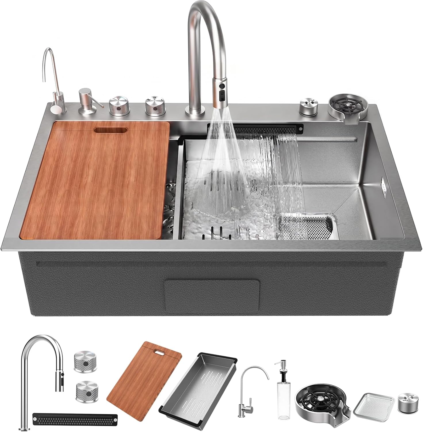 33 x 22 inch Waterfall Smart Kitchen Sink Workstation Topmount 16 Gauge Stainless Steel Kitchen Sink, Single Bowl Multifunctional Sinks with Soap Dispenser Waterfall Faucet Combo Set with Cup Washer