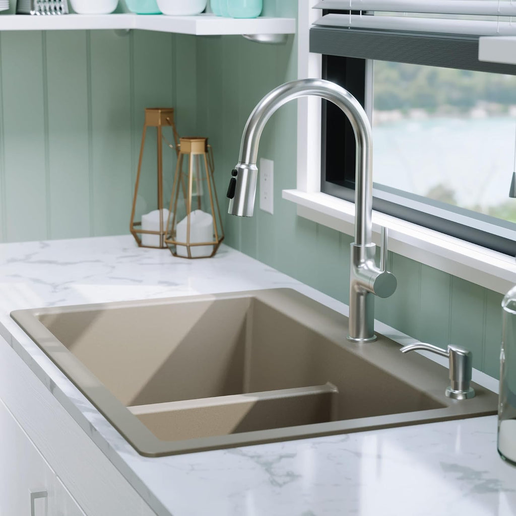 Karran 33' Concrete Color Quartz Composite Double Bowl Kitchen Sink – Top Mount Drop-In 50/50 Low Divider, 80% Natural Quartz, 535°F Heat Resistant, Sound Dampening, Granite Composite, QT-810