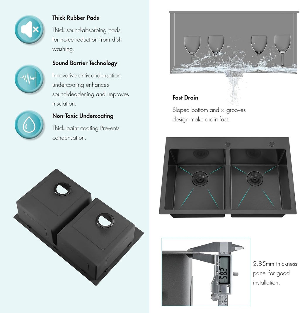 ATTOP 33 Inch Black Drop in Double Bowls Kitchen Sink,33x22 Inch Nano Black Handmade Stainless Steel Double Drop in Kitchen Sink