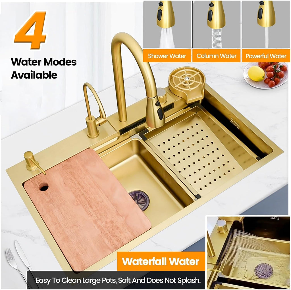 Gold Stainless Steel Single Bowl Kitchen Sink With Drainer, Drop In/Undermount Large Workstation Sink, Includes Pull Out Faucet, Cup Washer, Basin, Drain Basket, Full Waste Kit(Gold,80x45x22cm)