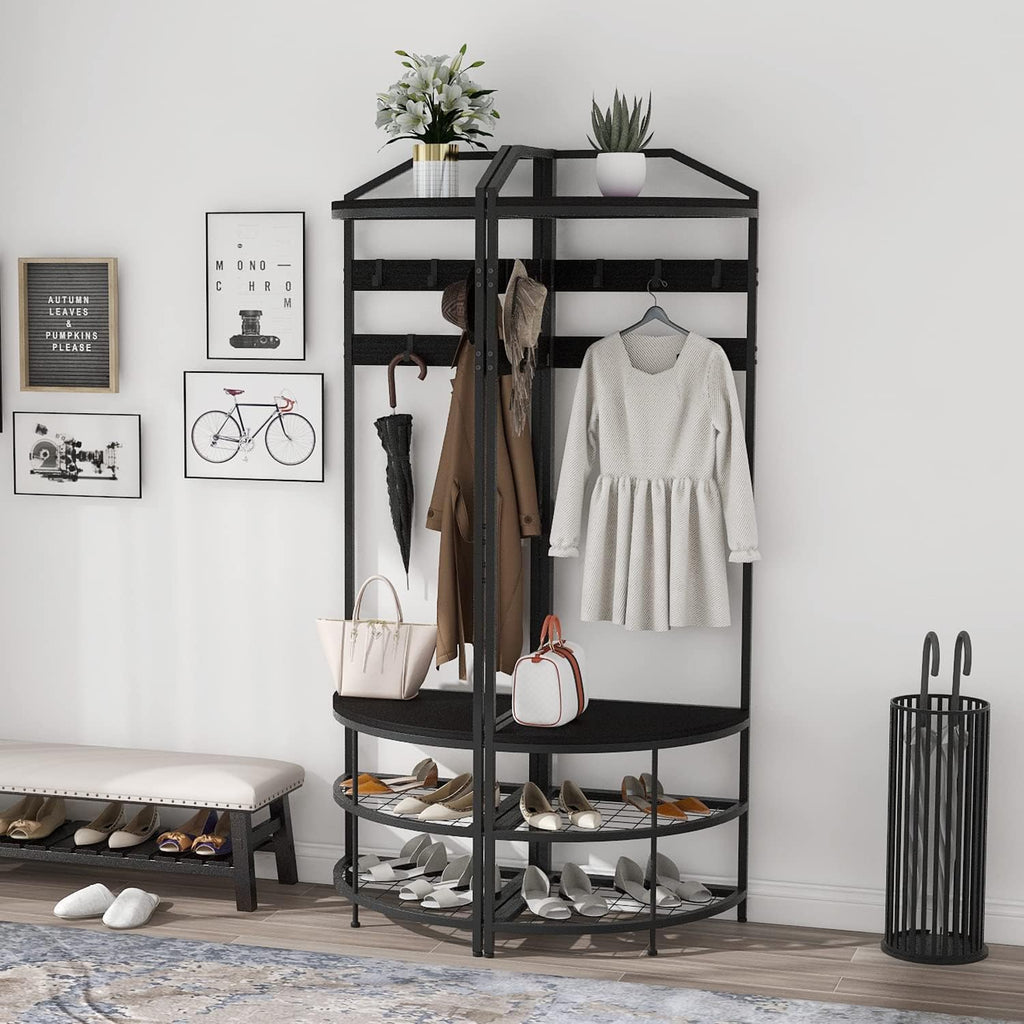 GiftGo Corner Hall Tree with Shoe Bench Entryway Coat Rack with 10 Metal Movable Hooks Freestanding Clothes Rack Shoes Shelf Organizer for Home Office Bedroom (Black)