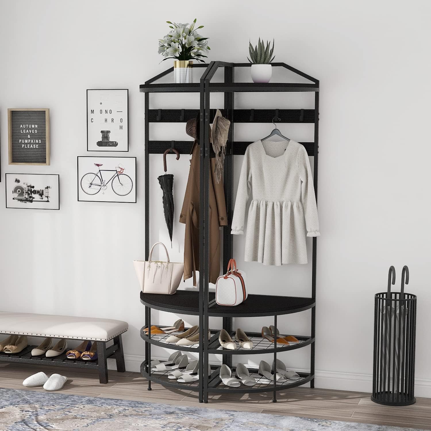 GiftGo Corner Hall Tree with Shoe Bench Entryway Coat Rack with 10 Metal Movable Hooks Freestanding Clothes Rack Shoes Shelf Organizer for Home Office Bedroom (Black)