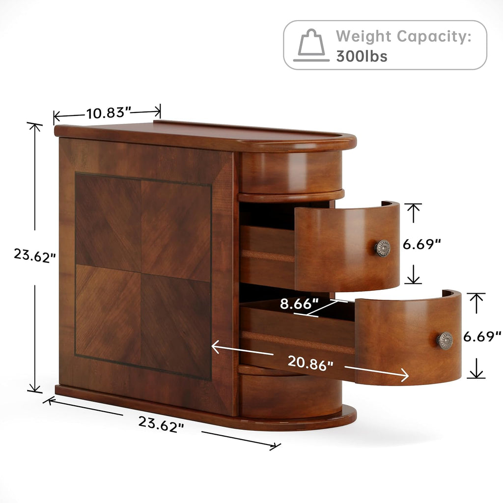 Wood End Table with 2 Drawers, No Assembly Required Narrow Sofa Side Table for Living Room, Vintage Slim Nightstand Bedside Table for Bedroom (2 Drawers, Brown, 1Pc)