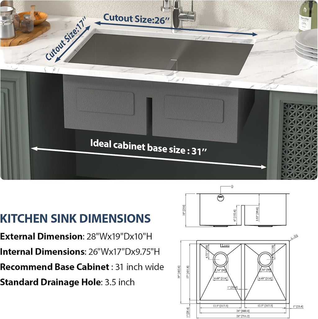 Lordear 28 Inch Undermount Double Bowl Kitchen Sink -16 Gauge Stainless Steel Workstation Sink 50/50 28x19 Double Basin Under Counter Handmade Kitchen Sinks