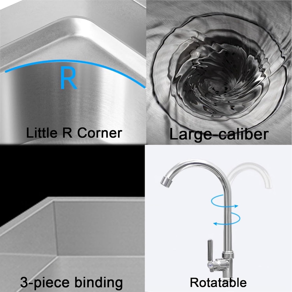 Stainless Steel Sink Double Basin Design Triple-Welded Edges H80cm (31.5') Kitchen Sinks Brushed Finish Monocoque Construction Reinforced Beam Small Radius Corners(Right basin-47.2x19.7x31.5')