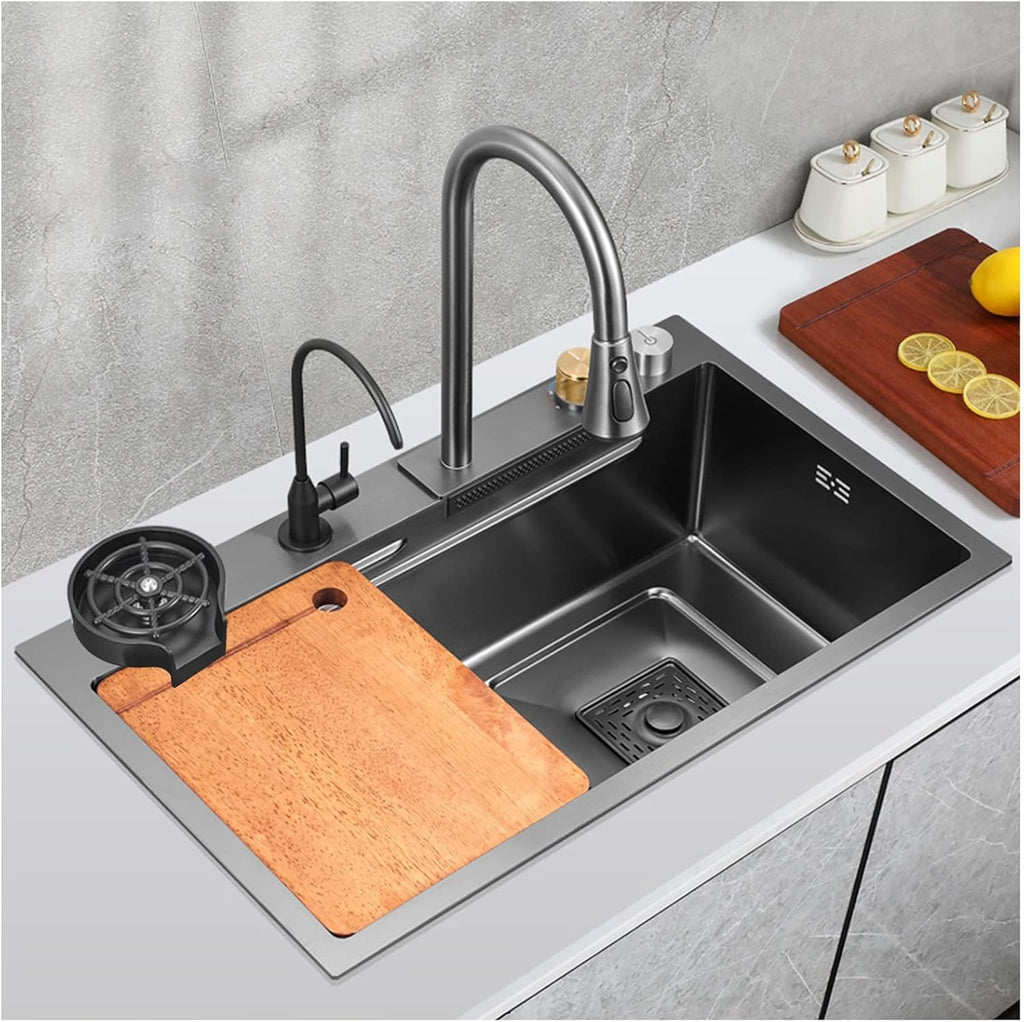 Single Bowl Kitchen Sink 304 Stainless Steel Single Bowl Bar Prep Sink RV Sink with Faucet Cup Washer Drain Assembly Drop in Or Under Mount (Color : Black, Size : 72x45x22cm) (Black 68x45x22cm)