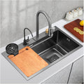 Single Bowl Kitchen Sink 304 Stainless Steel Single Bowl Bar Prep Sink RV Sink with Faucet Cup Washer Drain Assembly Drop in Or Under Mount (Black-72x45x22cm