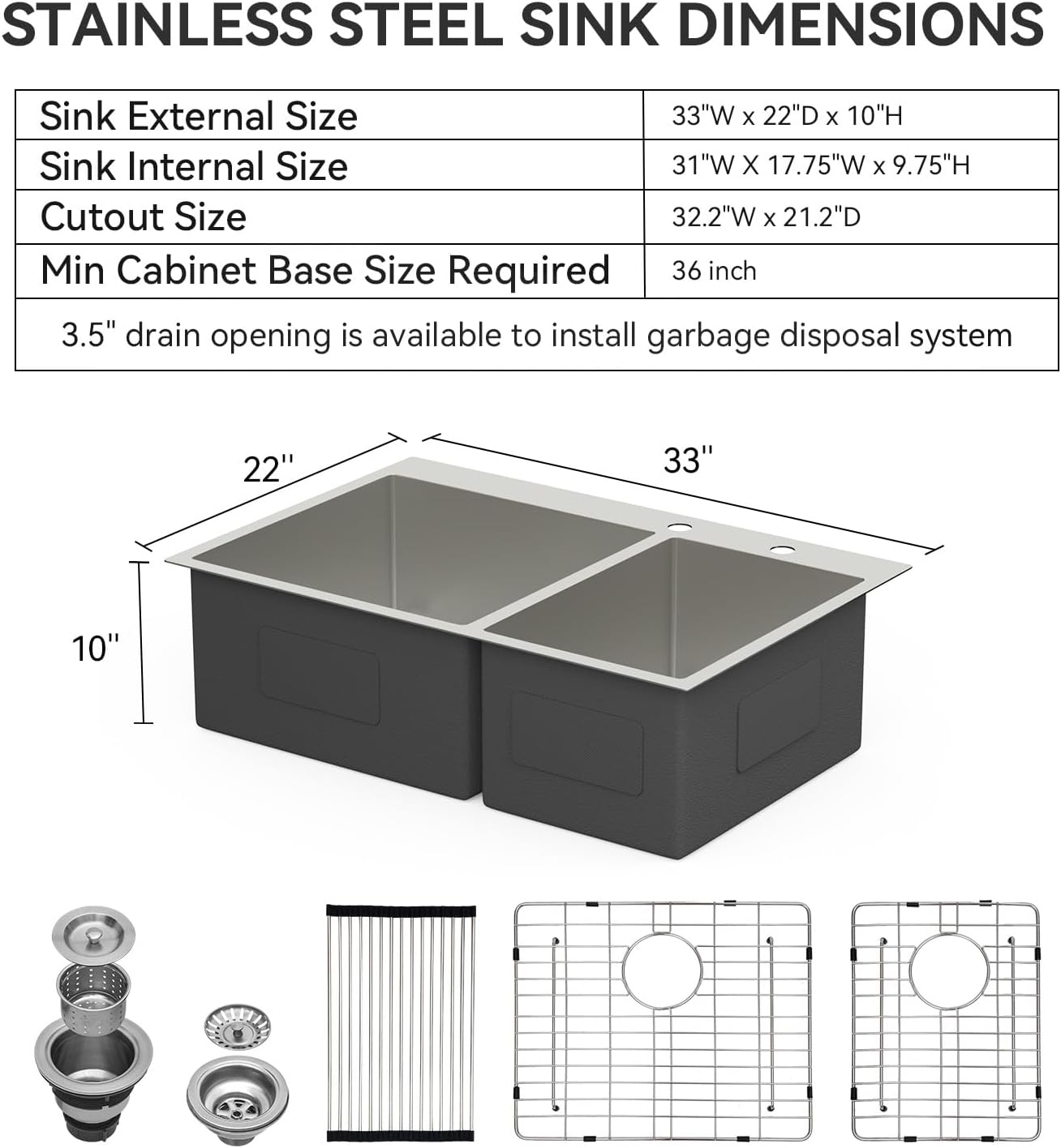 Lordear 33 Double Bowl Kitchen Sink Drop In Kitchen Sink 33X22 Inch Topmount Kitchen Sinks 60/40 16 Gauge Stainless Steel Over Counter Handmade Sinks