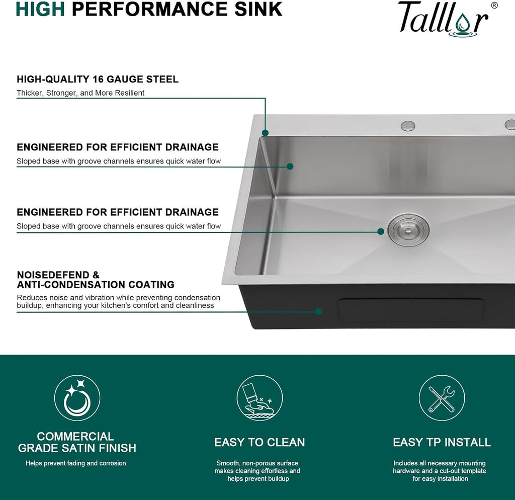 33x22 Drop in Kitchen Sink - 33 Inch 16 Gauge Stainless Steel Topmount Kitchen Sink Single Bowl Deep Over Counter Rectangular Sinks Basin Round Corners #TLT-0039