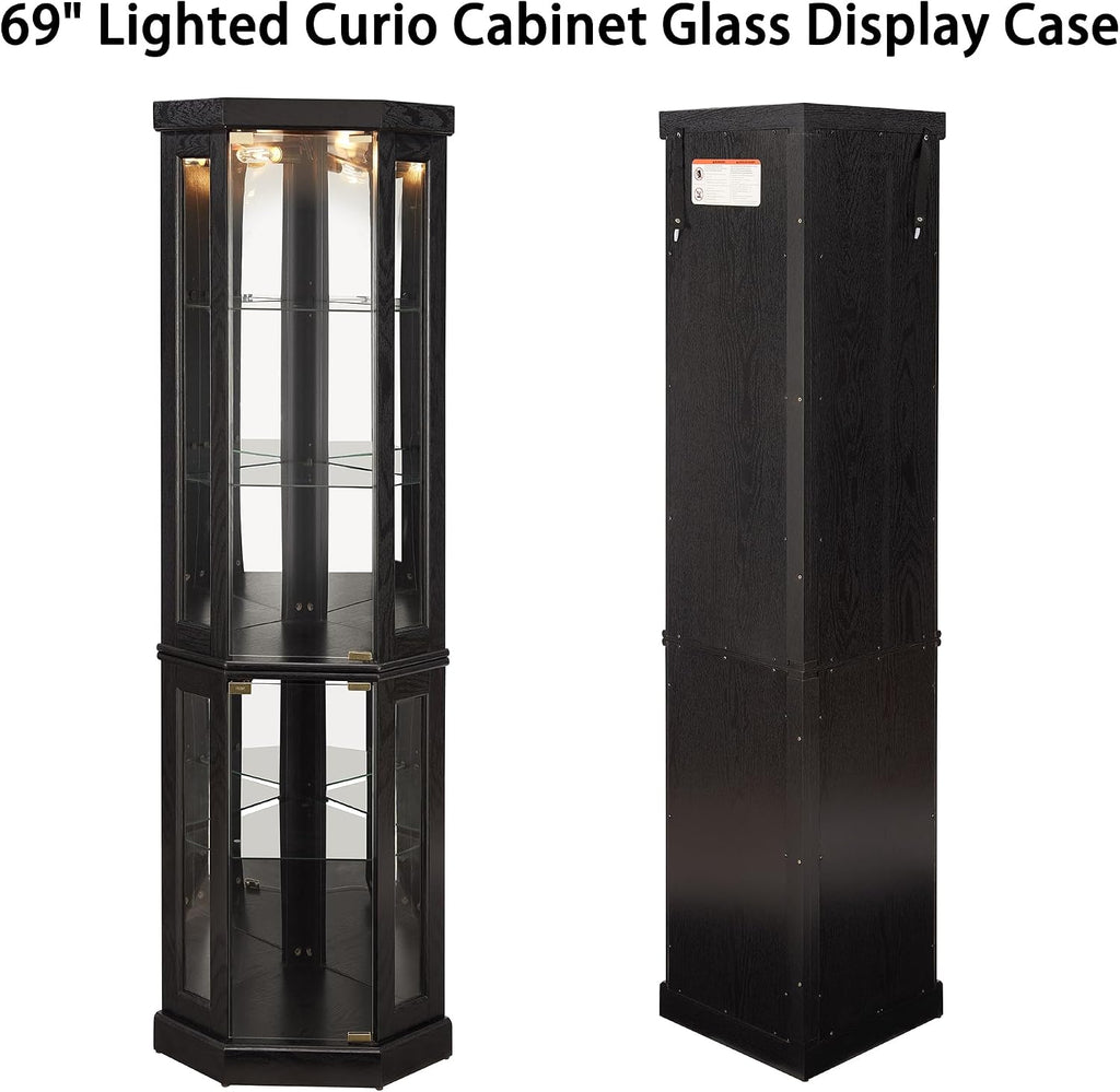 69' H Lighted Corner Curio Cabinet, 5-Tier Curio Glass Display Cabinet w/ 2 Door & Adjustable Glass Shelves, Wooden Display Showcase Corner Storage Cabinet for Living Room (Black)