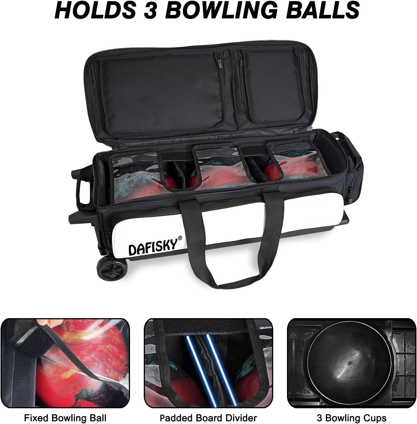 DAFISKY 3 Ball Bowling Bags with Wheels, Roller Bowling Bag with Multiple Pockets Retractable Handle Extends to 38''