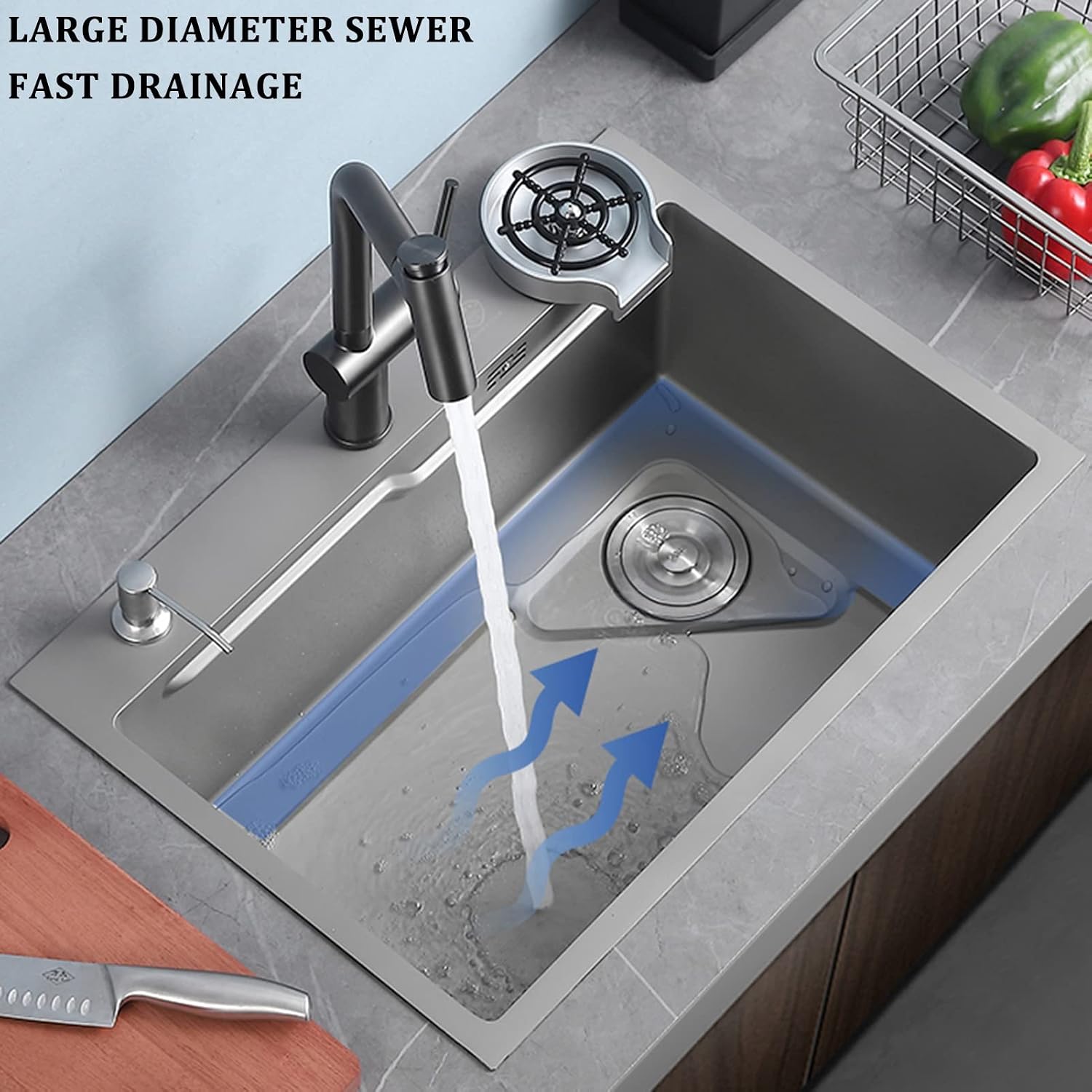 304 Stainless Steel Single Bowl Kitchen Sink Multifunctional Bar Sink RV Sink with Faucet and Cup Washer Top Mount Or Undermount (Color : Gun Gray, Size : 60x45x21cm)