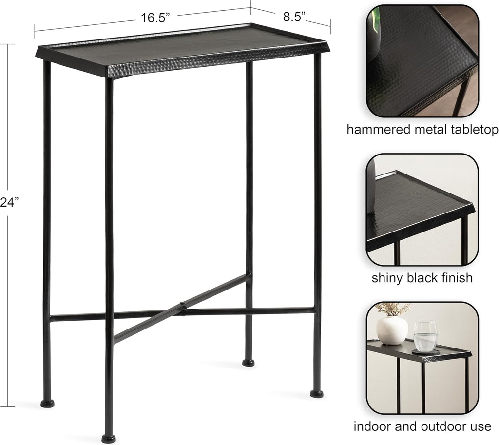 Kate and Laurel Sanzo Transitional Metal Skinny Side Table, 17 x 9 x 24, Black, Rectangular Slim Bedroom Nightstand with Hammered Tabletop for Use as Bedside Accent or Living Room End Table