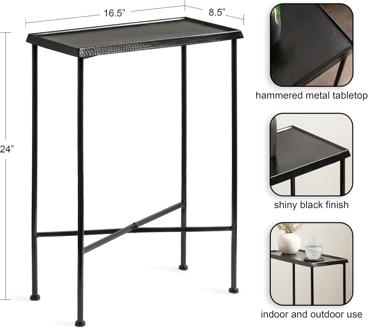Kate and Laurel Sanzo Transitional Metal Skinny Side Table, 17 x 9 x 24, Black, Rectangular Slim Bedroom Nightstand with Hammered Tabletop for Use as Bedside Accent or Living Room End Table