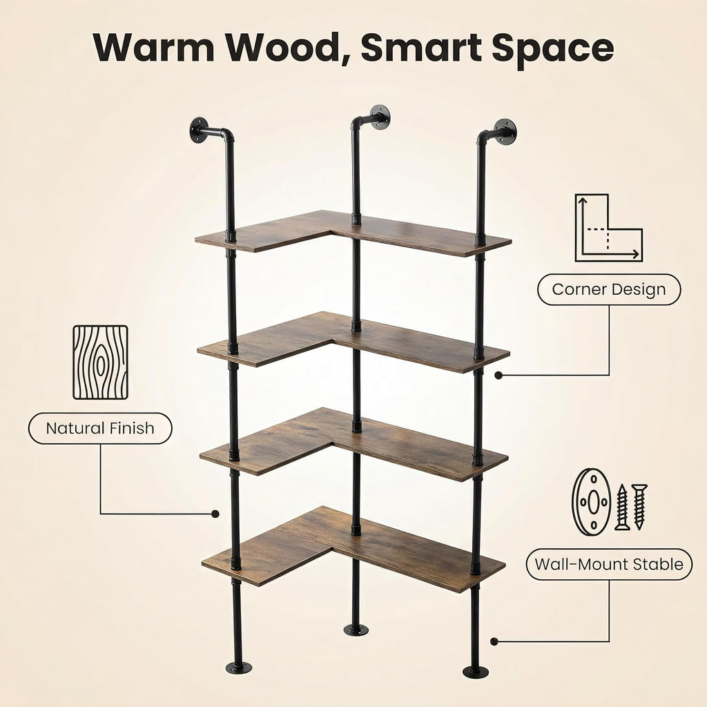 Industrial Pipe Corner Bookshelf, Wall Wooden Bookcase with Open Shelves, L Shaped Ladder Pipe Pantry Shelving for Living Room, Bedroom, Home, Office, 4 Tiers