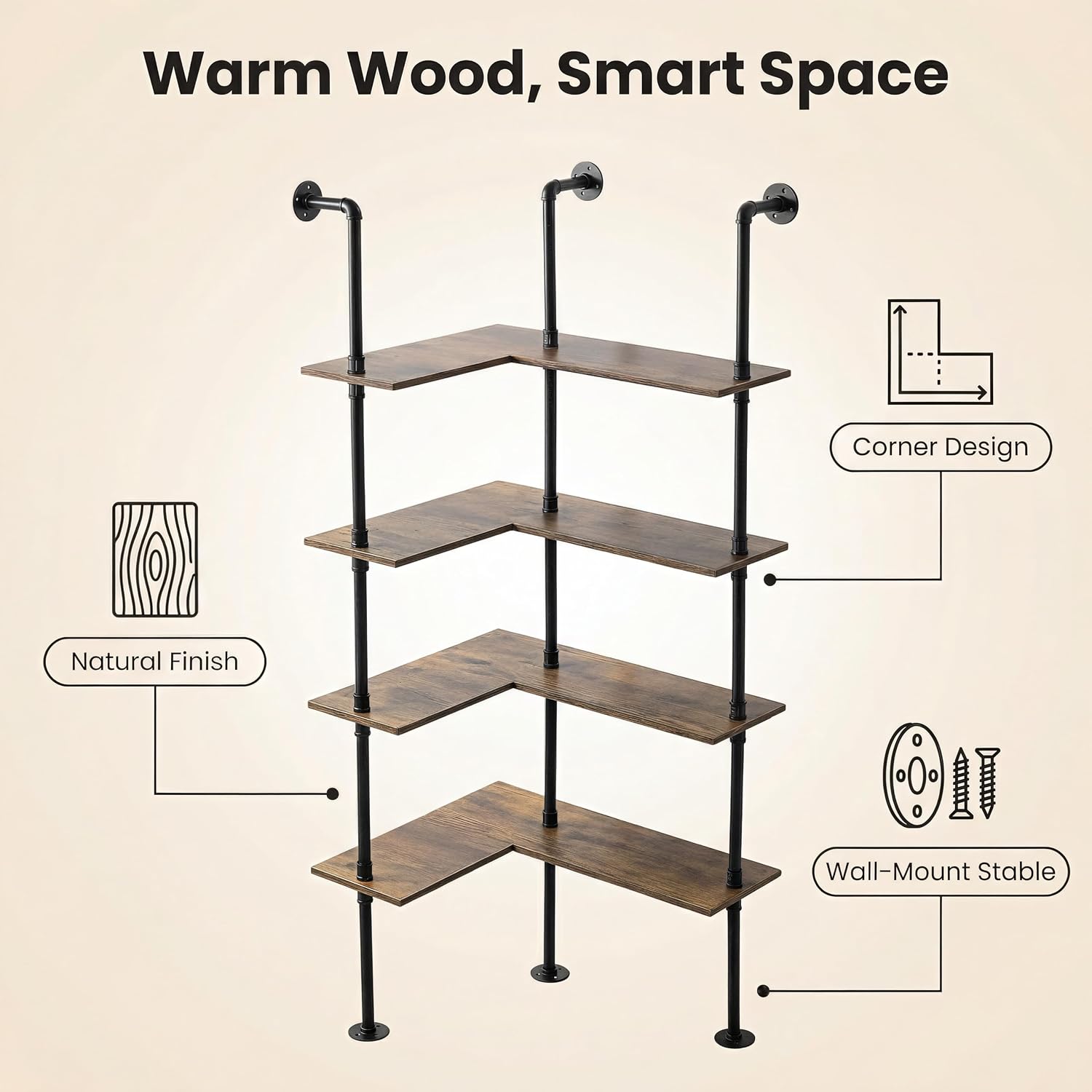 Industrial Pipe Corner Bookshelf, Wall Wooden Bookcase with Open Shelves, L Shaped Ladder Pipe Pantry Shelving for Living Room, Bedroom, Home, Office, 4 Tiers