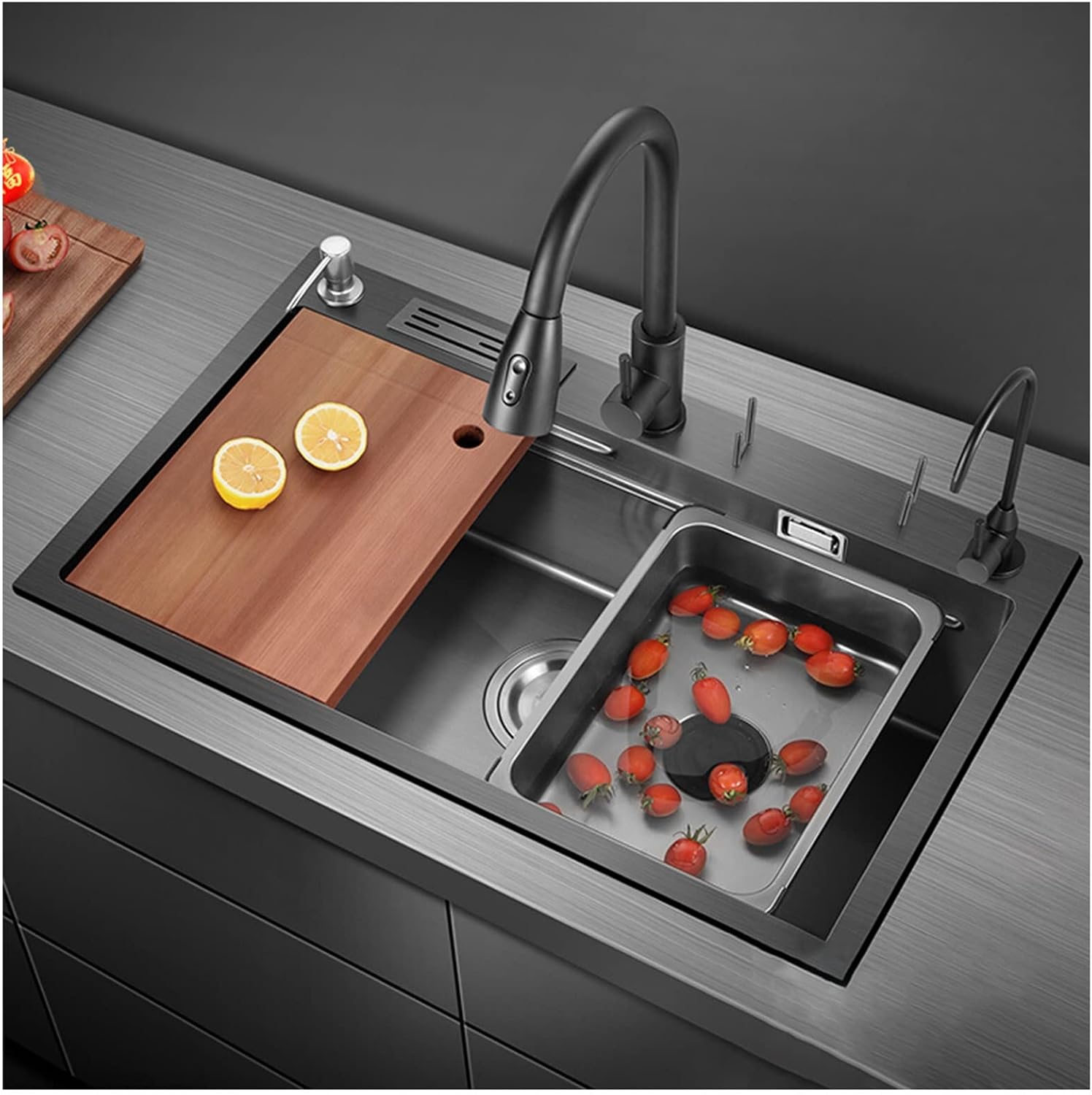 304 Stainless Steel Stepped Kitchen Sink Multi-Function Single Bowl Bar Sink RV Sink with Pull-Out Faucet and Drainage Assembly Top Mount Or Under Mount (Color : Black, Size : 78x48x22cm) (Black