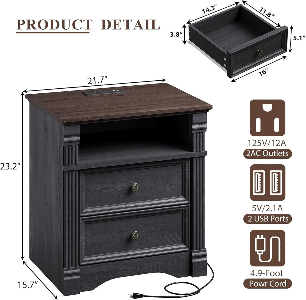 Black Nightstand with Charging Station, Side Table Storage Cabinet with 2 Drawers and Chic Wood Pilasters Design, Farmhouse Wood Bedside Table & End Table with Metal Handles for Bedroom, Living Room