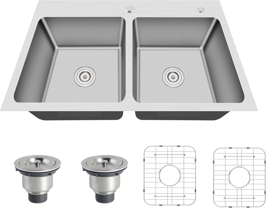33x22 Drop In Double Bowl Kitchen Sink 16 Gauge Stainless Steel Top Mount Commercial Grade Satin Finish Sinks with Strainer & Grid 33' x 22' x 9'