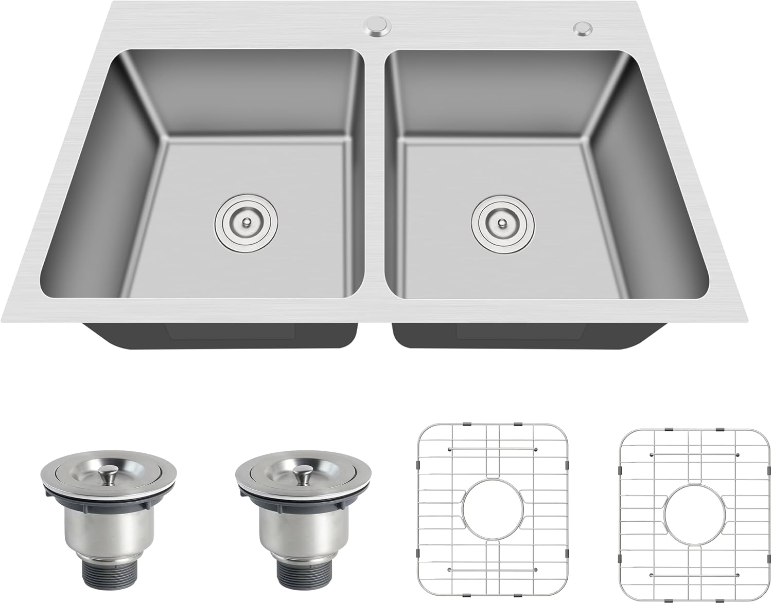 33x22 Drop In Double Bowl Kitchen Sink 16 Gauge Stainless Steel Top Mount Commercial Grade Satin Finish Sinks with Strainer & Grid 33' x 22' x 9'