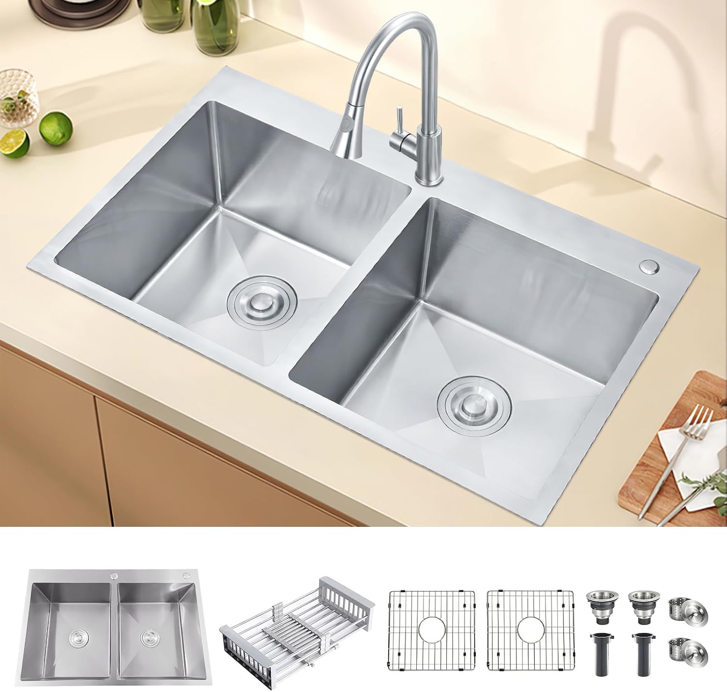 33 Inch Drop In Double Bowl Kitchen Sink with Nano Coating, 20 Gauge 304 Stainless Steel Topmount Kitchen Sink with Accessories