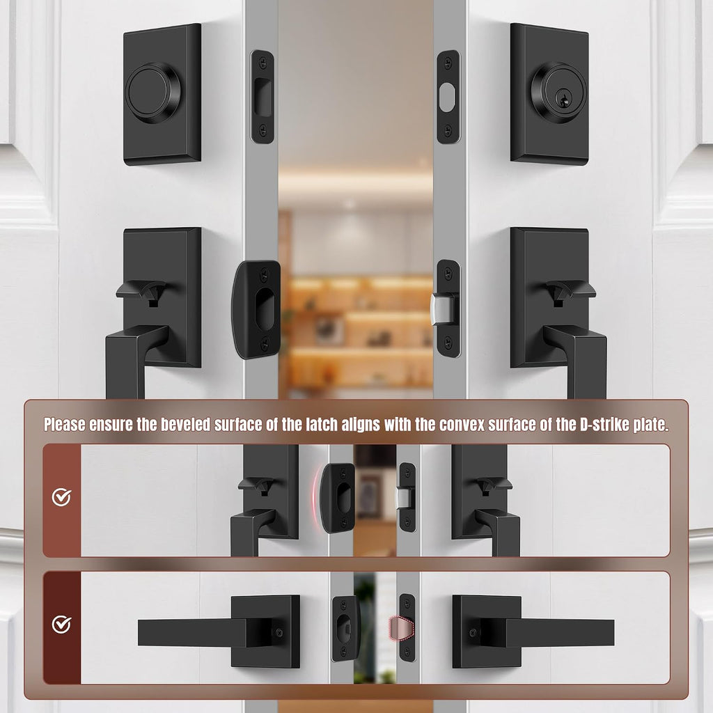 Double Front Door Lock Set, Keyed Entry Front Door Handleset with Dummy, Square Heavy Duty Door Lever and Single Cylinder Deadbolt Combo, Matte Black