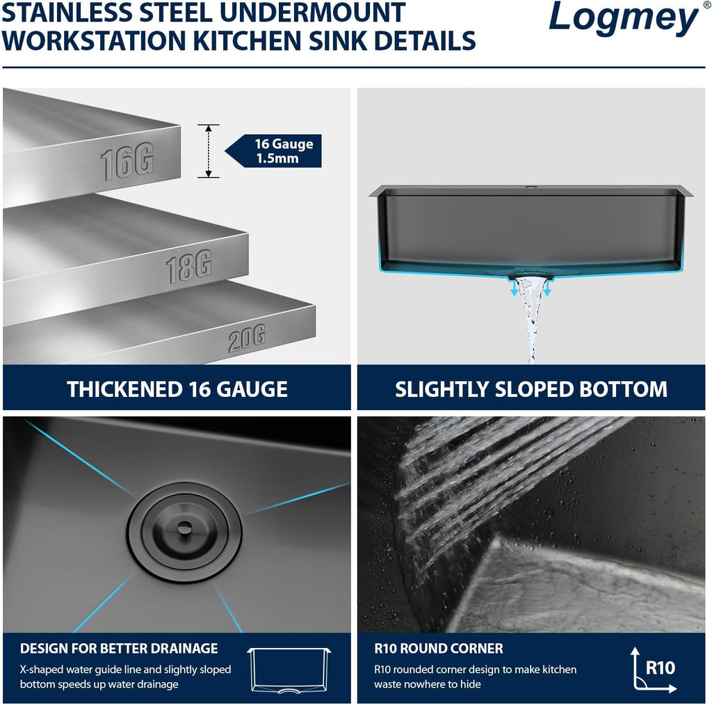 Logmey 30 Inch Drop In Kitchen Sink Workstation 30x19x9 Inch Gunmetal Black Topmount Sinks Stainless Steel 16 Gauge Overmount Kitchen Sink