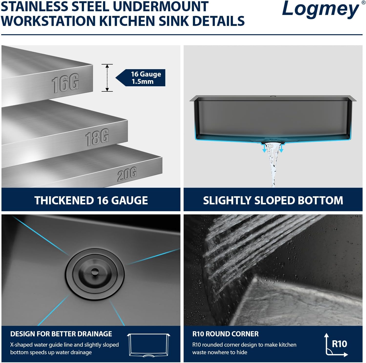 Logmey 30 Inch Drop In Kitchen Sink Workstation 30x19x9 Inch Gunmetal Black Topmount Sinks Stainless Steel 16 Gauge Overmount Kitchen Sink