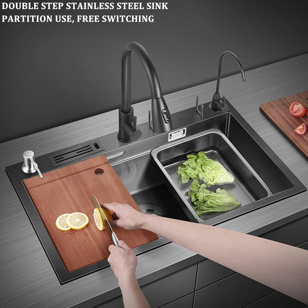 304 Stainless Steel Stepped Kitchen Sink Multi-Function Single Bowl Bar Sink RV Sink with Pull-Out Faucet and Drainage Assembly Top Mount Or Under Mount (Color : Black, Size : 78x48x22cm) (Black
