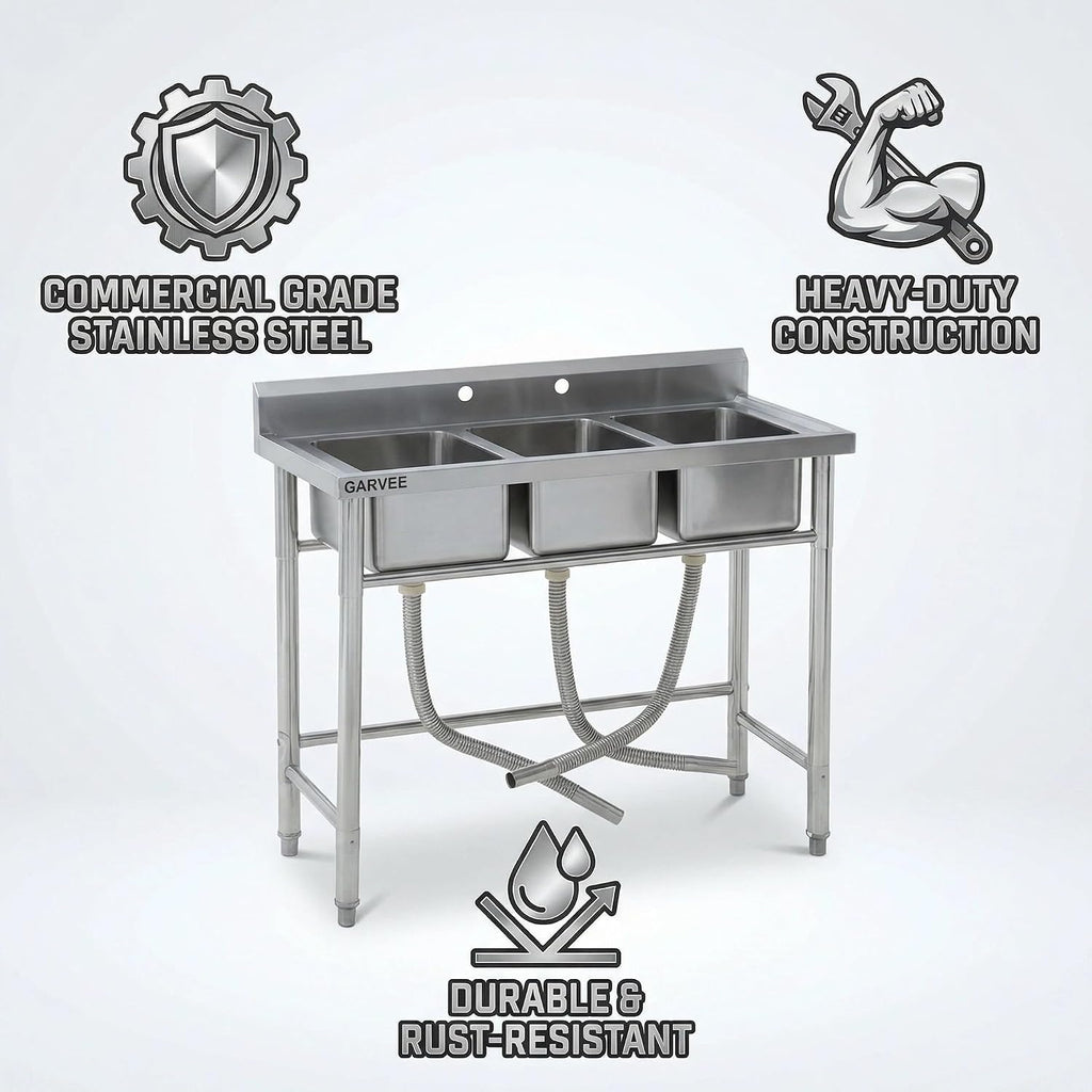 Stainless Steel Kitchen basin – 2.0 Series, Durable & Corrosion Resistant, Single/Triple Bowl, Easy-to-Clean, Compact – For Home, Restaurant, Bar, Laundry, Food Truck