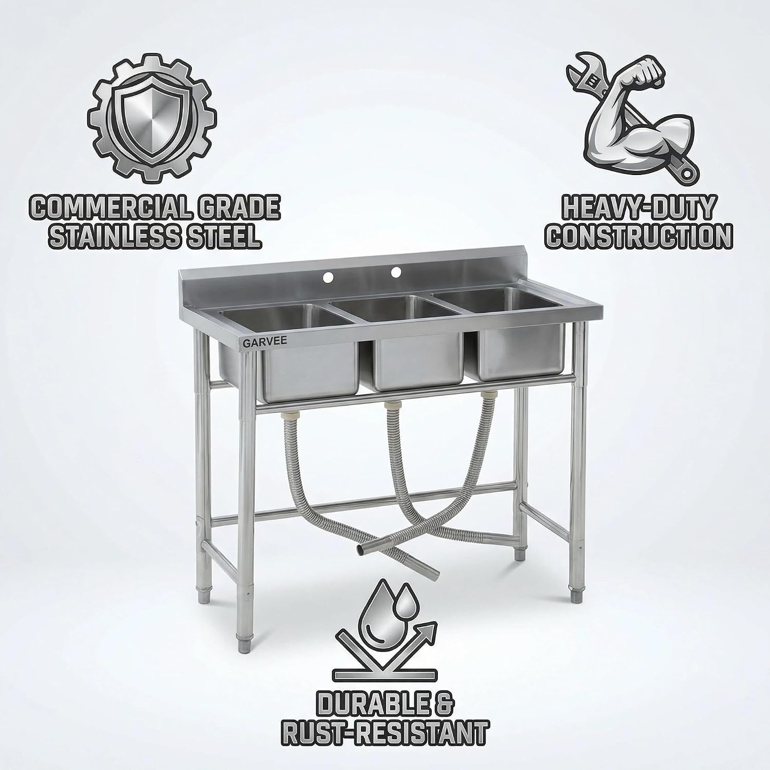 Stainless Steel Kitchen basin – 2.0 Series, Durable & Corrosion Resistant, Single/Triple Bowl, Easy-to-Clean, Compact – For Home, Restaurant, Bar, Laundry, Food Truck