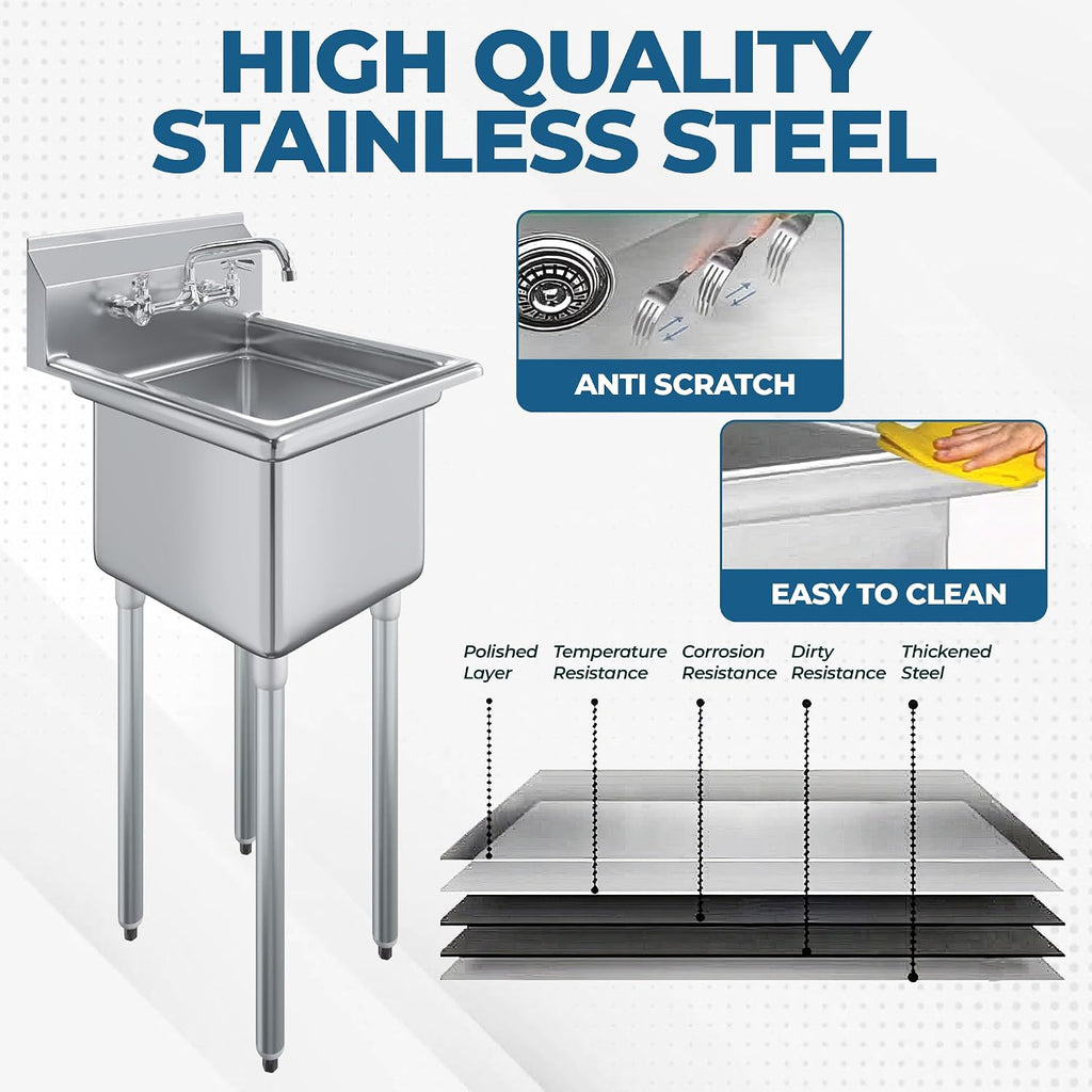 Express-KitchQuip Stainless Steel Utility Sink – 24' x 24' One Compartment | 304 Grade | NSF Certified for Restaurant, Kitchen, Garage, Laundry