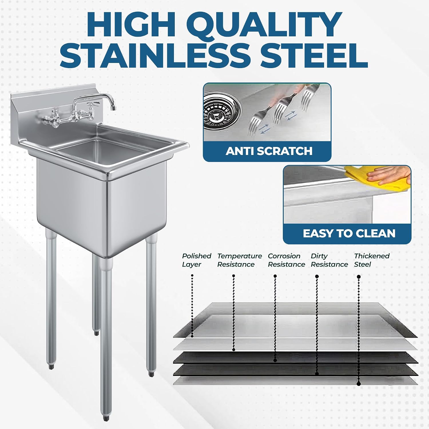 Express-KitchQuip Stainless Steel Utility Sink – 24' x 24' One Compartment | 304 Grade | NSF Certified for Restaurant, Kitchen, Garage, Laundry