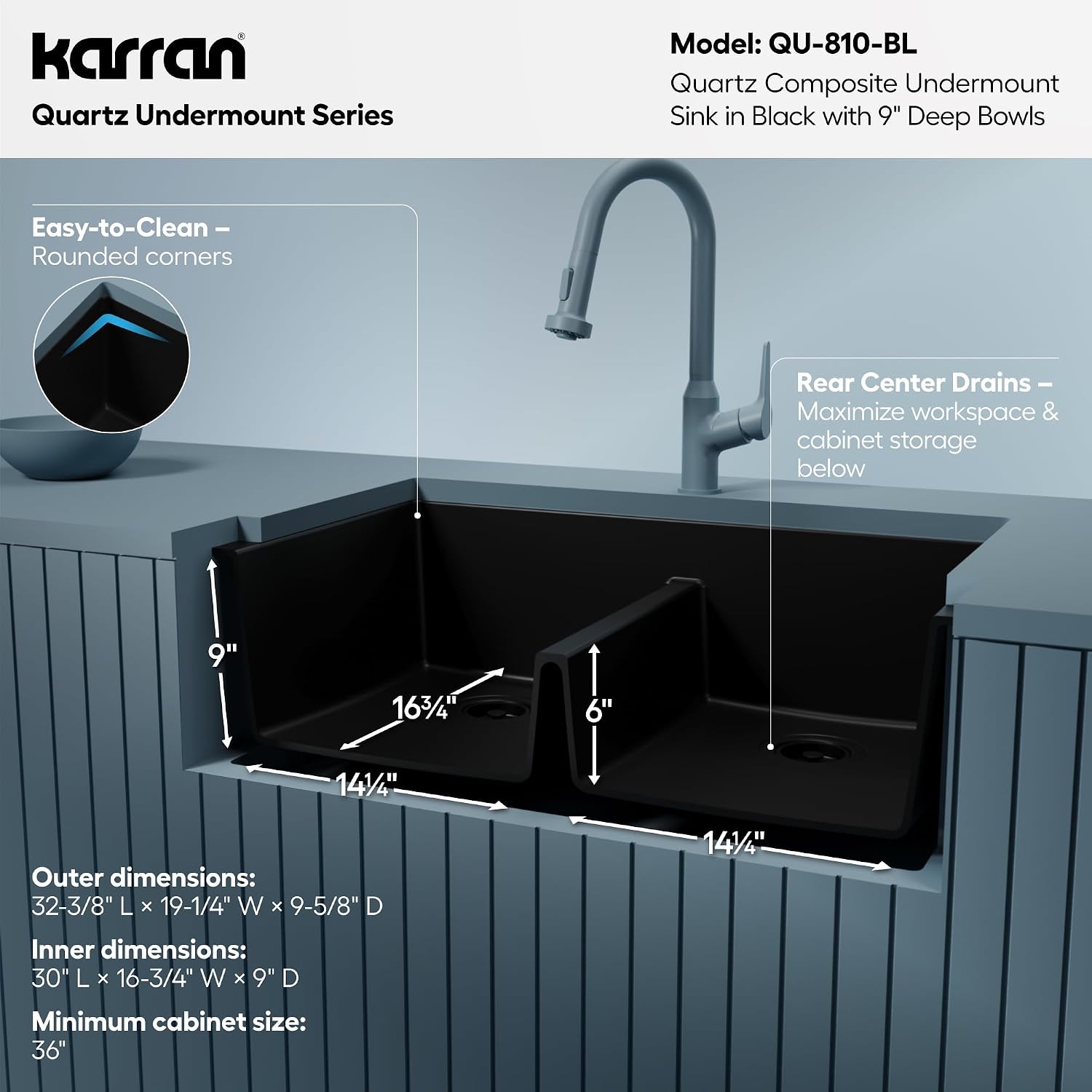 Karran 32' Black Quartz Composite Undermount Double Bowl Kitchen Sink with Low Divider – 50/50 Equal Bowl, 80% Natural Quartz, 535°F Heat Resistant, Sound Dampening, QU-810