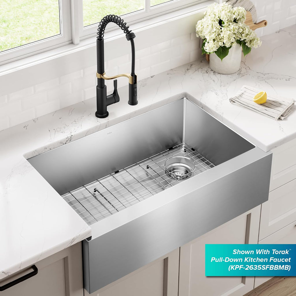 KRAUS Standart Pro 33-Inch Flat Apron Front Farmhouse 16-Gauge Single Bowl Stainless Steel Kitchen Sink, KHF410-33