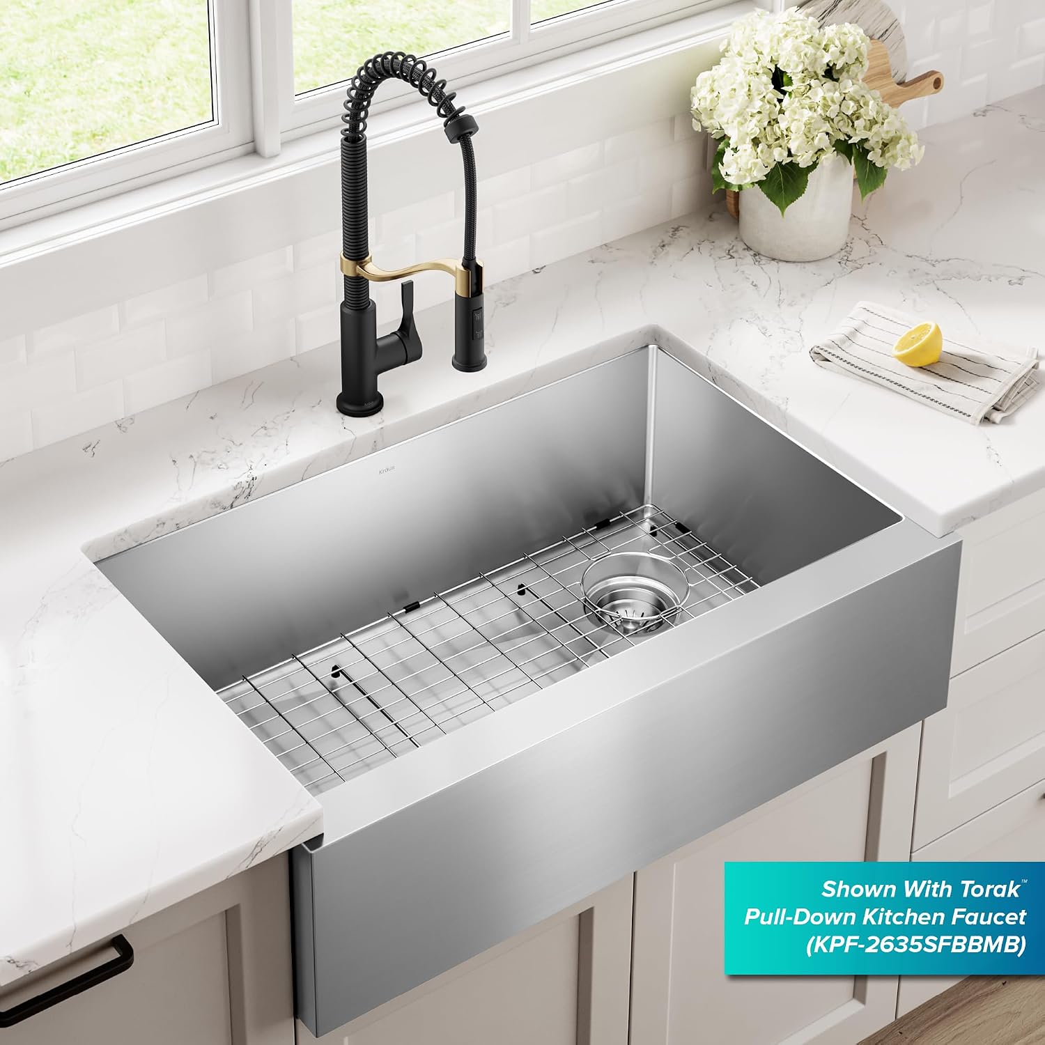 KRAUS Standart Pro 33-Inch Flat Apron Front Farmhouse 16-Gauge Single Bowl Stainless Steel Kitchen Sink, KHF410-33