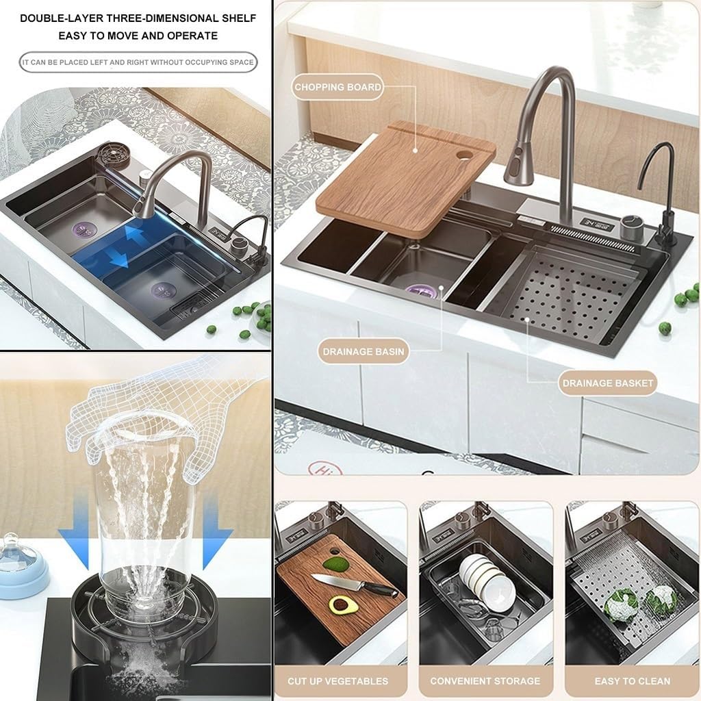 Stainless Steel Waterfall Kitchen Sink Single-Bowl Kitchen Sink with Three-in-one Pull-Out Faucet LED Digital Display Screen Pressurized Cup Washer (Black-75x46x22cm