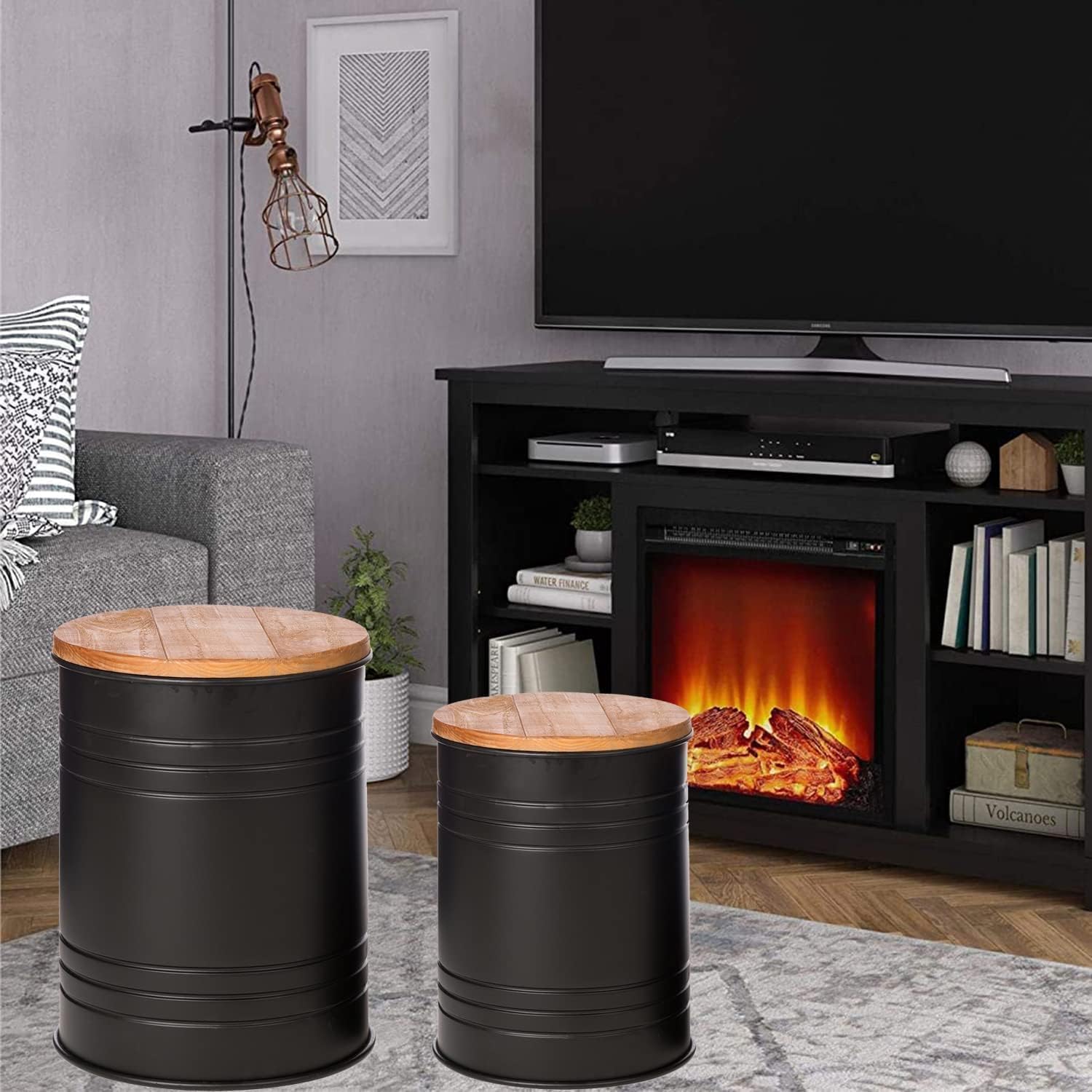 Glitzhome 4-Piece Galvanized Side Table Set, Metal Farmhouse Barrel Toy Box Bins with Round Wood Lid, Rustic Ottoman Seat Stool with Large Storage Space, for Living Room, Bedroom,Black