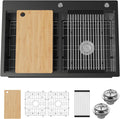 Black 50/50 Double Bowl Kitchen Workstation Sink, 33'x22' Stainless Steel Drop In Kitchen Sink Easy To Multitasking With Cutting Board,Drying Rack,Silicon Mat,Sink Grid And Drain Assembly