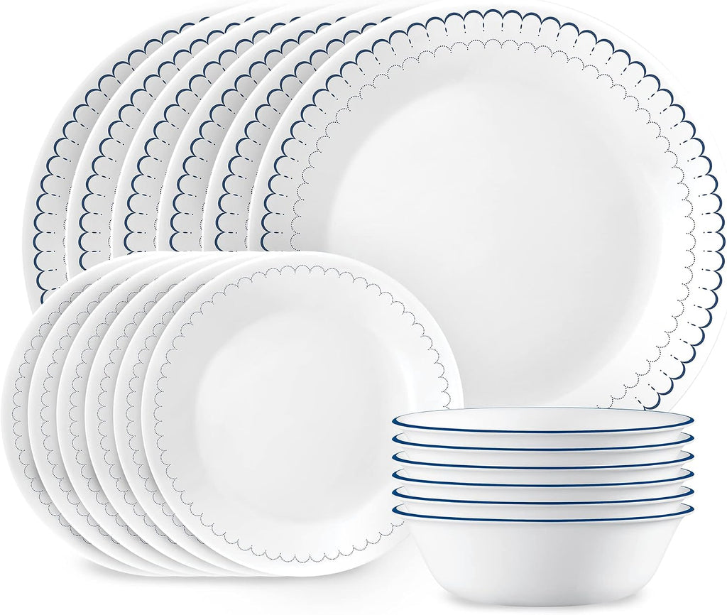 Corelle 18-Piece Dinnerware Set, Service for 6, Lightweight Round Plates and Bowls Set, Caspian & 6-Piece 10.25' Dinner Round Plates, Vitrelle Triple Layer Glass, Caspian